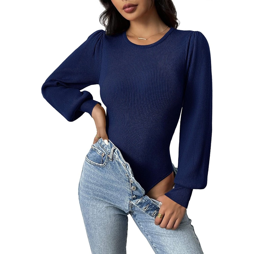 image:imageZeagoo Womens Sweaters Long Sleeve Bodysuits 2026 Fall Crewneck Puff Knit Pullover TopsNavy Blue Light