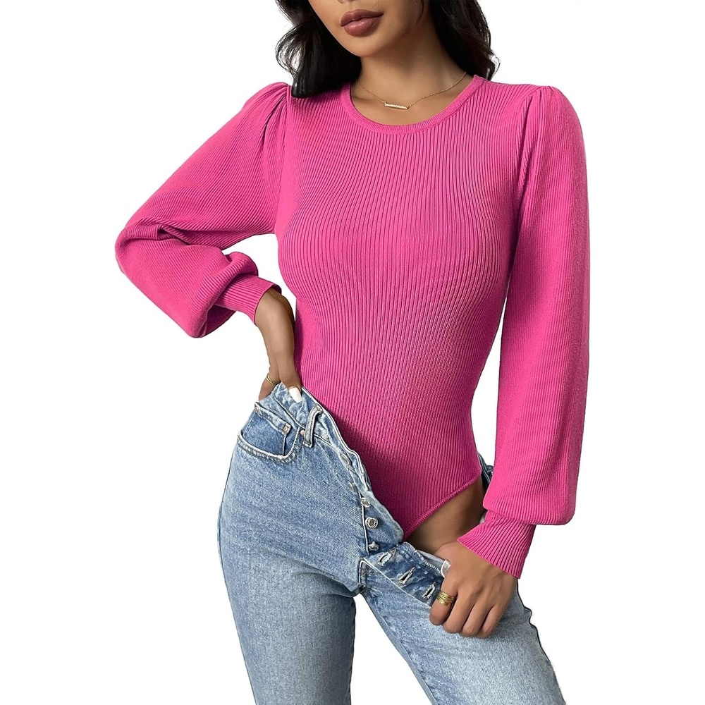 image:imageZeagoo Womens Sweaters Long Sleeve Bodysuits 2026 Fall Crewneck Puff Knit Pullover TopsRose Red