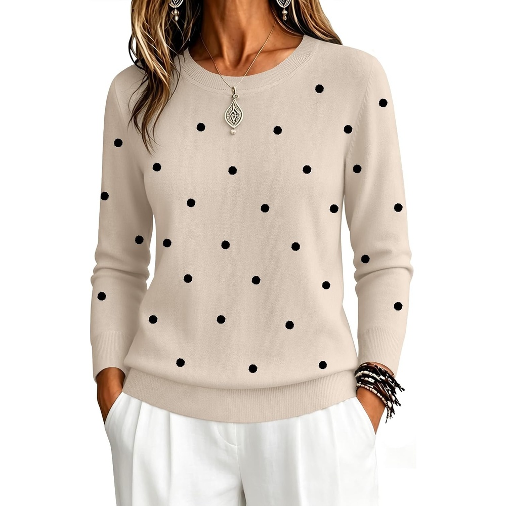 image:imageZeagoo Womens Sweaters Long Sleeve Tops Classic Fall Clothes Crewneck TopsPolka Dotkhaki
