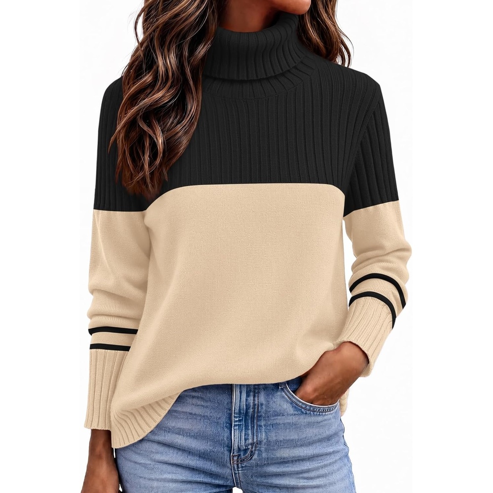 image:imageZeagoo Womens Turtleneck Sweater Fall Winter Casual Knit Pullover TopsBlack Apricot
