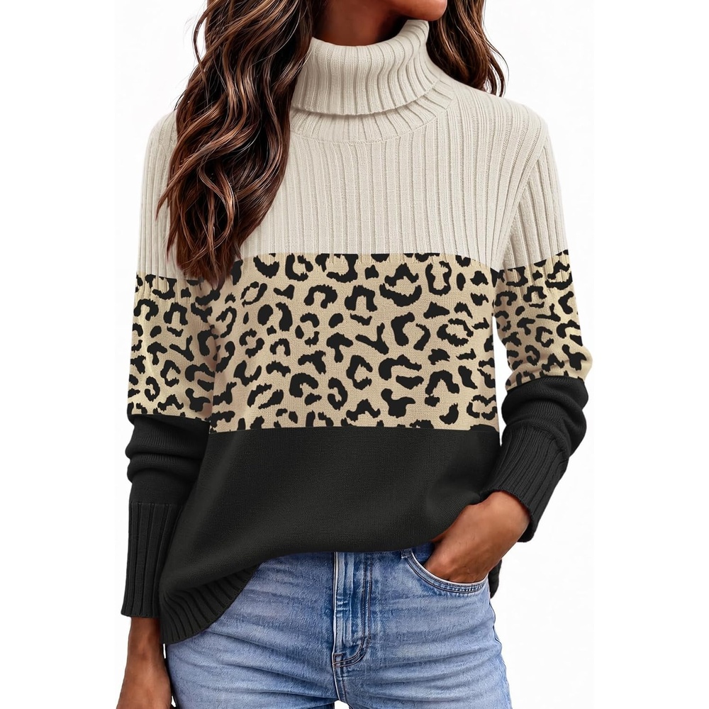 image:imageZeagoo Womens Turtleneck Sweater Fall Winter Casual Knit Pullover TopsBlack Leopard Apricot