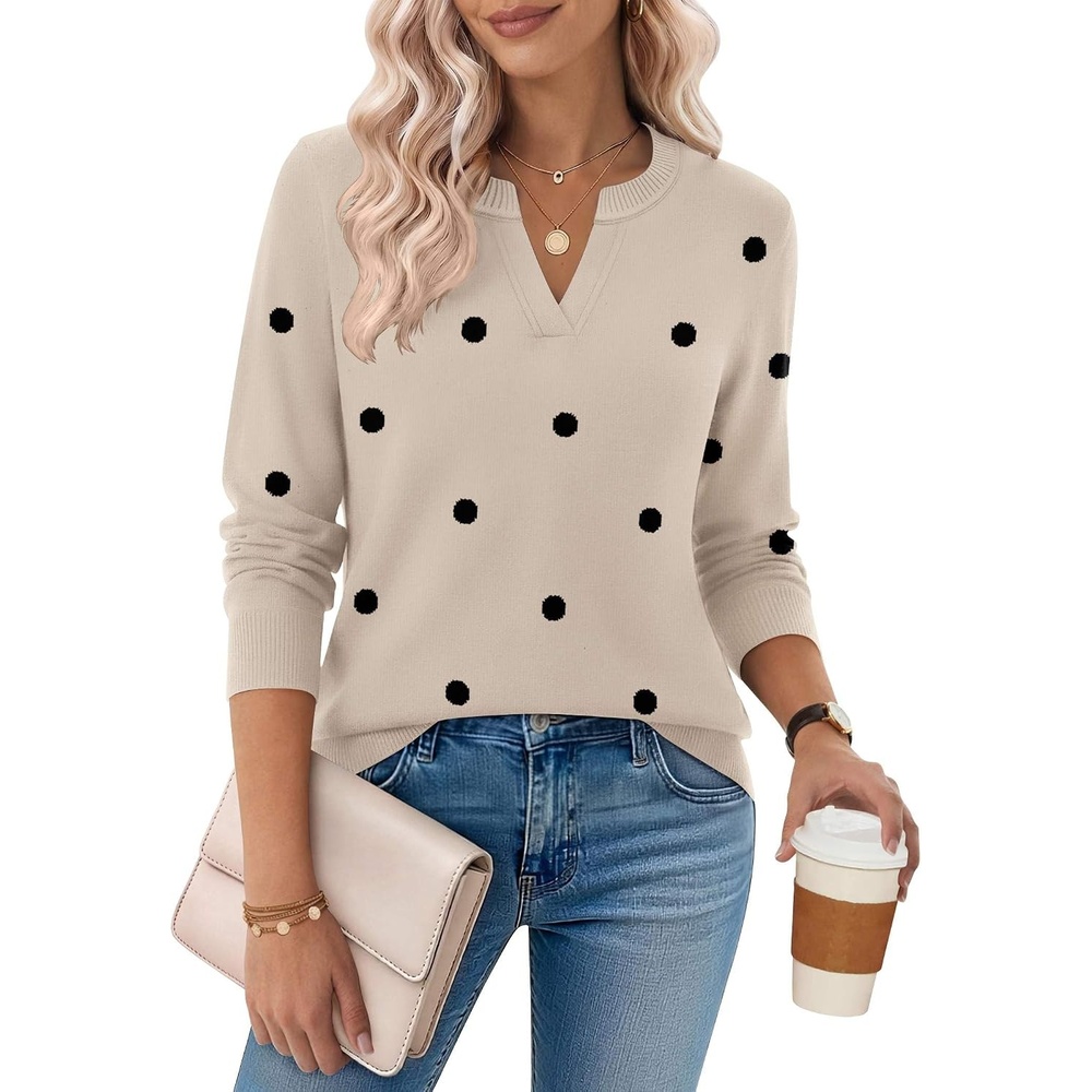 image:imageZeagoo Womens V Neck Sweaters 2026 Fall Long Sleeve Pullover Tops Business Casual OutfitsA Polka Dotkhaki