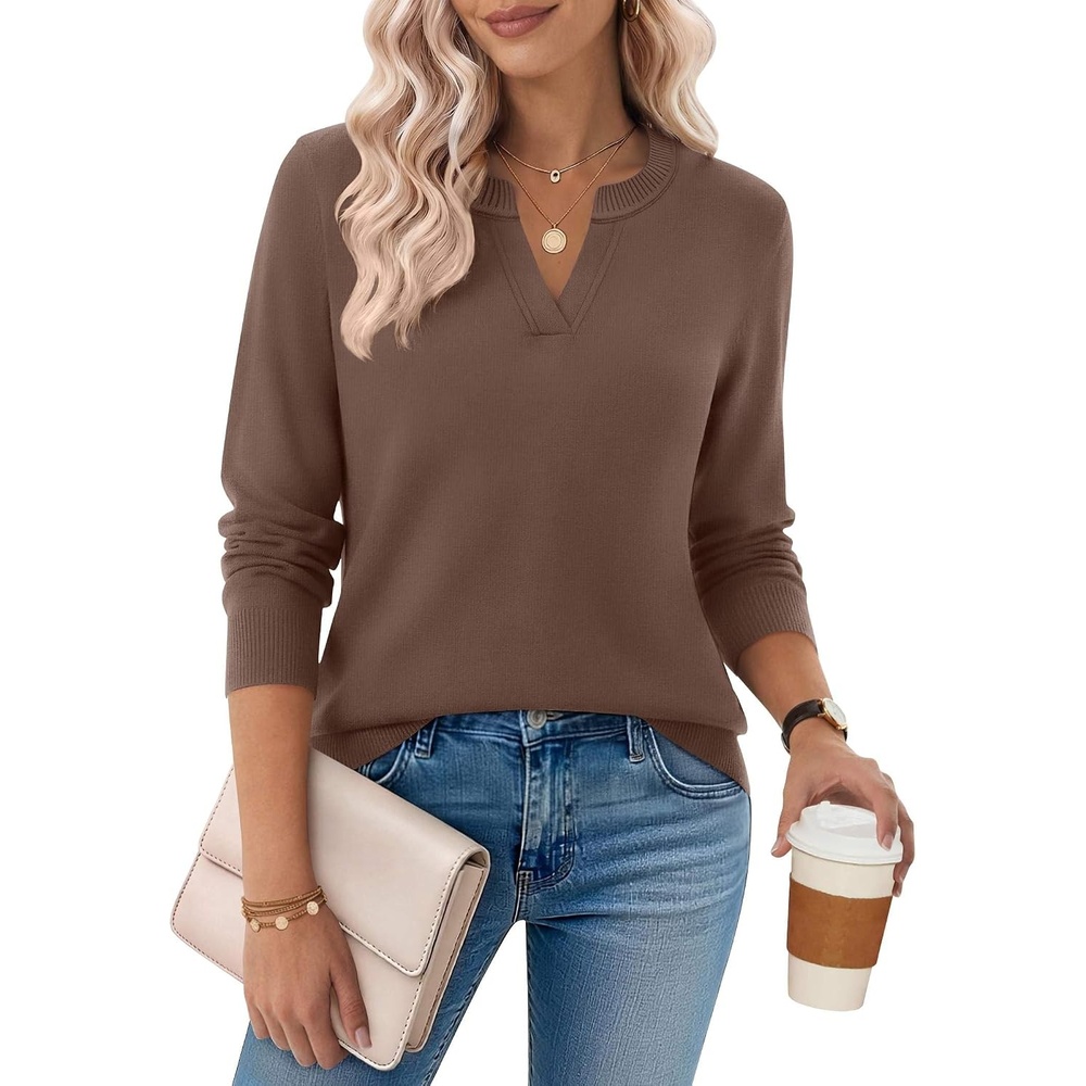 image:imageZeagoo Womens V Neck Sweaters 2026 Fall Long Sleeve Pullover Tops Business Casual OutfitsBrown