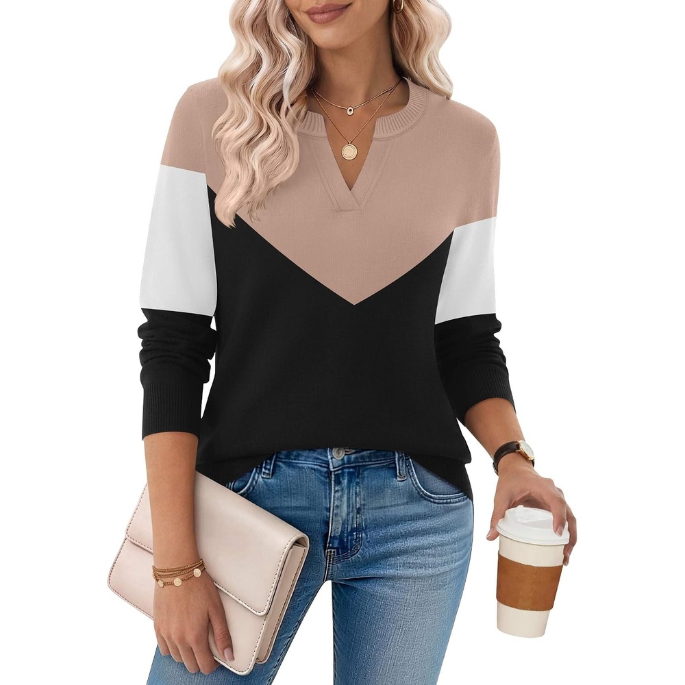 image:imageZeagoo Womens V Neck Sweaters 2026 Fall Long Sleeve Pullover Tops Business Casual OutfitsCkhaki Black