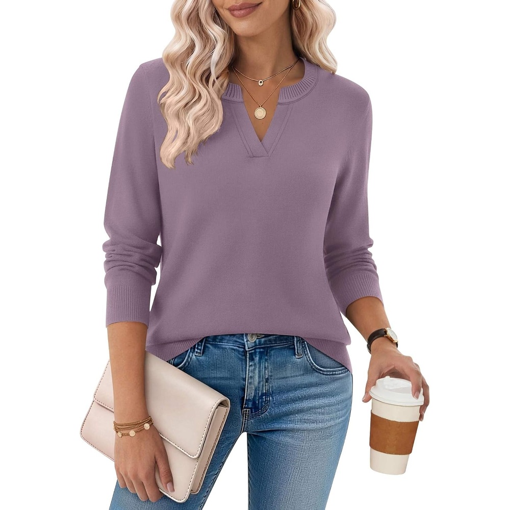 image:imageZeagoo Womens V Neck Sweaters 2026 Fall Long Sleeve Pullover Tops Business Casual OutfitsGray Purple