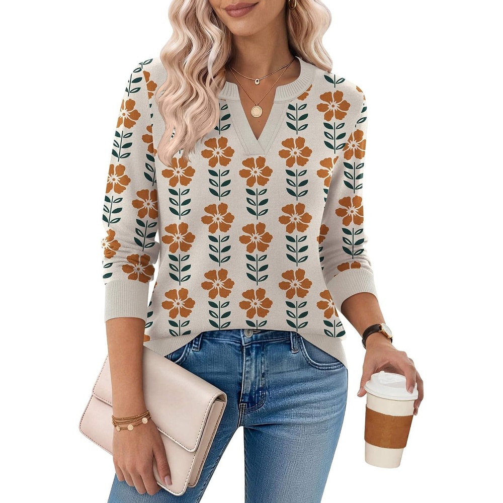image:imageZeagoo Womens V Neck Sweaters 2026 Fall Long Sleeve Pullover Tops Business Casual OutfitsZ Floral Apricot