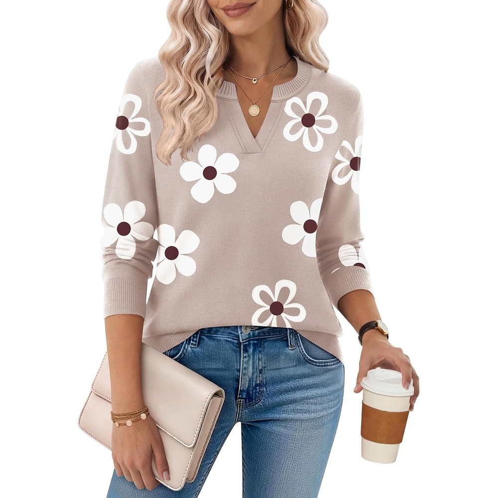 image:imageZeagoo Womens V Neck Sweaters 2026 Fall Long Sleeve Pullover Tops Business Casual OutfitsZ Flower