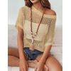 Zeagoo Short Sleeve Crochet Sweater Lightweight Summer Tops Beach Cover Ups(A_light Khaki)