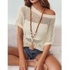 Zeagoo Short Sleeve Crochet Sweater Lightweight Summer Tops Beach Cover Ups(Beige)