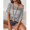 Zeagoo Short Sleeve Crochet Sweater Lightweight Summer Tops Beach Cover Ups(Light Grey)