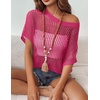 Zeagoo Short Sleeve Crochet Sweater Lightweight Summer Tops Beach Cover Ups(Rose Red)