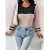 Zeagoo Womens Sweaters Long Sleeve Bodysuits 2026 Fall Crewneck Puff Knit Pullover Tops(Apricot Black Stripe)