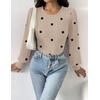 Zeagoo Womens Sweaters Long Sleeve Bodysuits 2026 Fall Crewneck Puff Knit Pullover Tops(Beige Black Polka Dot)