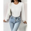 Zeagoo Womens Sweaters Long Sleeve Bodysuits 2026 Fall Crewneck Puff Knit Pullover Tops(White)
