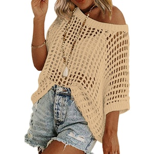 Zeagoo Short Sleeve Crochet Sweater Lightweight Summer Tops Beach Cover Ups(A_light Khaki)