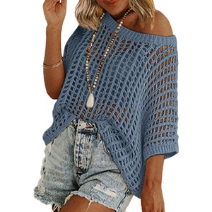Zeagoo Short Sleeve Crochet Sweater Lightweight Summer Tops Beach Cover Ups(Blue)