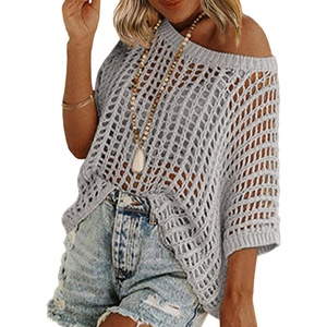 Zeagoo Short Sleeve Crochet Sweater Lightweight Summer Tops Beach Cover Ups(Light Grey)