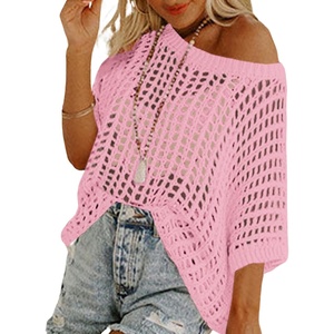 Zeagoo Short Sleeve Crochet Sweater Lightweight Summer Tops Beach Cover Ups(Light Pink)
