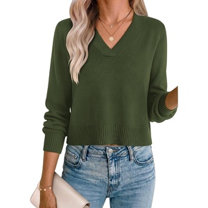 Zeagoo Womens Cropped V Neck Sweaters 2026 Fall Trendy Long Latern Sleeve Ribbed Knit Pullover Sweater Tops(Army Green)