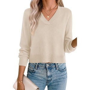 Zeagoo Womens Cropped V Neck Sweaters 2026 Fall Trendy Long Latern Sleeve Ribbed Knit Pullover Sweater Tops(Beige)