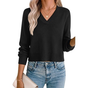 Zeagoo Womens Cropped V Neck Sweaters 2026 Fall Trendy Long Latern Sleeve Ribbed Knit Pullover Sweater Tops(Black)