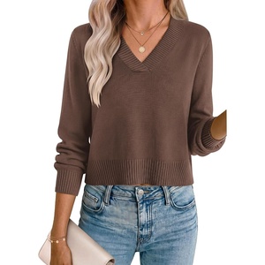 Zeagoo Womens Cropped V Neck Sweaters 2026 Fall Trendy Long Latern Sleeve Ribbed Knit Pullover Sweater Tops(Brown)