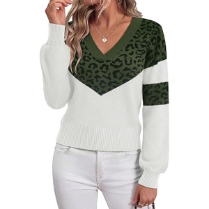 Zeagoo Womens Cropped V Neck Sweaters 2026 Fall Trendy Long Latern Sleeve Ribbed Knit Pullover Sweater Tops(Leopard-army White)