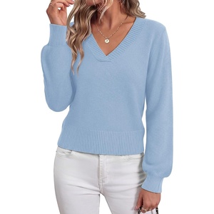 Zeagoo Womens Cropped V Neck Sweaters 2026 Fall Trendy Long Latern Sleeve Ribbed Knit Pullover Sweater Tops(Light Blue)
