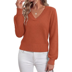 Zeagoo Womens Cropped V Neck Sweaters 2026 Fall Trendy Long Latern Sleeve Ribbed Knit Pullover Sweater Tops(Orange)