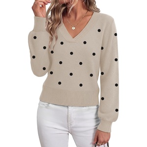 Zeagoo Womens Cropped V Neck Sweaters 2026 Fall Trendy Long Latern Sleeve Ribbed Knit Pullover Sweater Tops(Polka Dot-khaki)