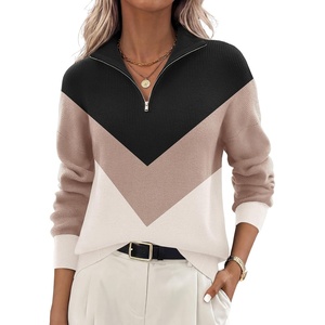 Zeagoo Womens Fall Long Sleeve Quarter Zip Sweaters Knit Pullover Tops(Colorblock Khaki)