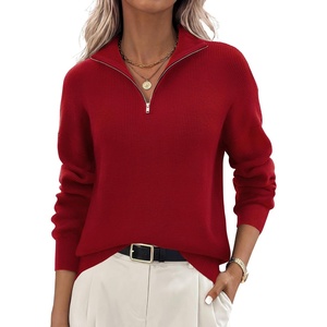 Zeagoo Womens Fall Long Sleeve Quarter Zip Sweaters Knit Pullover Tops(Red)