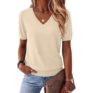 Zeagoo Womens Short Sleeve Sweaters Summer V Neck Business Casual Knit Tops(Beige)