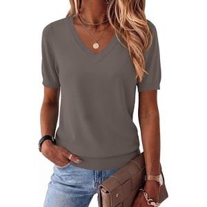 Zeagoo Womens Short Sleeve Sweaters Summer V Neck Business Casual Knit Tops(Coffee)
