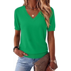 Zeagoo Womens Short Sleeve Sweaters Summer V Neck Business Casual Knit Tops(Green)
