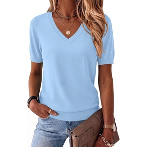 Zeagoo Womens Short Sleeve Sweaters Summer V Neck Business Casual Knit Tops(Light Blue)