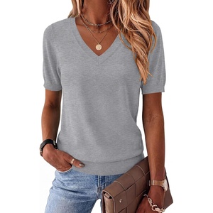 Zeagoo Womens Short Sleeve Sweaters Summer V Neck Business Casual Knit Tops(Light Gray)