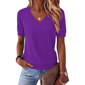 Zeagoo Womens Short Sleeve Sweaters Summer V Neck Business Casual Knit Tops(Purple)