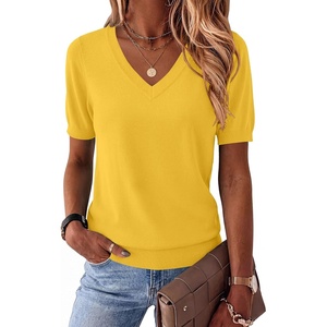 Zeagoo Womens Short Sleeve Sweaters Summer V Neck Business Casual Knit Tops(Yellow)