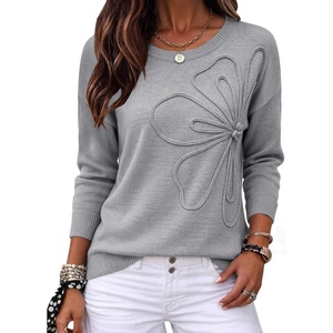 Zeagoo Women’s Sweaters 3D Floral Appliques Crewneck Long Sleeve Pullovers(01 Grey)