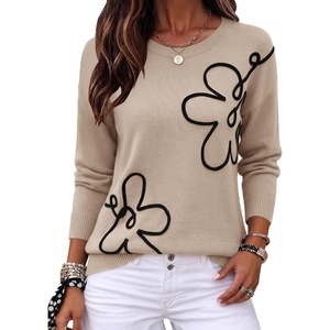 Zeagoo Women’s Sweaters 3D Floral Appliques Crewneck Long Sleeve Pullovers(Apricot)