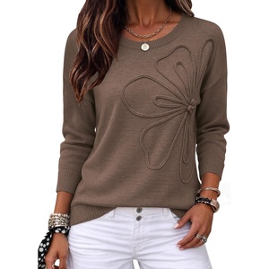 Zeagoo Women’s Sweaters 3D Floral Appliques Crewneck Long Sleeve Pullovers(Coffee Brown)