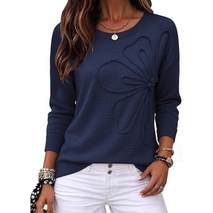 Zeagoo Women’s Sweaters 3D Floral Appliques Crewneck Long Sleeve Pullovers(Navy Blue)