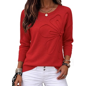 Zeagoo Women’s Sweaters 3D Floral Appliques Crewneck Long Sleeve Pullovers(Red)