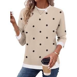 Zeagoo Womens Sweaters Crewneck Long Sleeve Pullover Tops(Kakhi Black Polka Dots)