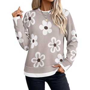 Zeagoo Womens Sweaters Crewneck Long Sleeve Pullover Tops(Kakhi White Brown Flower)