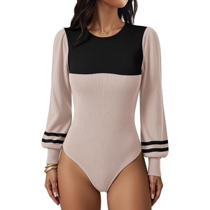 Zeagoo Womens Sweaters Long Sleeve Bodysuits 2026 Fall Crewneck Puff Knit Pullover Tops(Apricot Black Stripe)