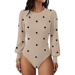 Zeagoo Womens Sweaters Long Sleeve Bodysuits 2026 Fall Crewneck Puff Knit Pullover Tops(Beige Black Polka Dot)