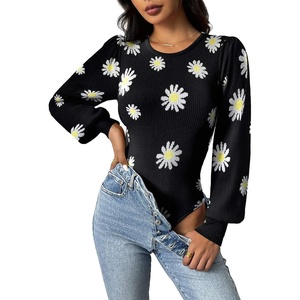 Zeagoo Womens Sweaters Long Sleeve Bodysuits 2026 Fall Crewneck Puff Knit Pullover Tops(Black Flower)