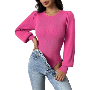 Zeagoo Womens Sweaters Long Sleeve Bodysuits 2026 Fall Crewneck Puff Knit Pullover Tops(Rose Red)